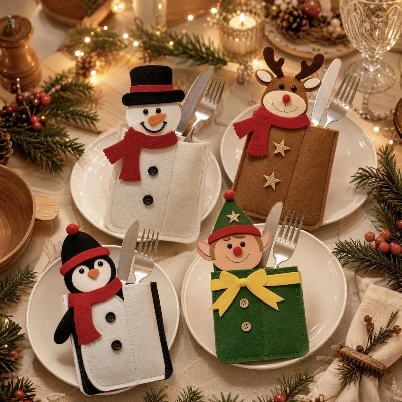 Christmas Silverware Holder Pockets Santa Snowman Reindeer Tableware Bags - Cutlery Pouch Bags for Spoon Knife Fork