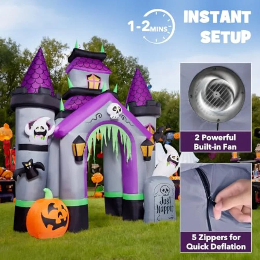 Halloween outdoor inflatables: 12 FT haunted house castle archway, PVC material, black and purple, weather-resistant with built