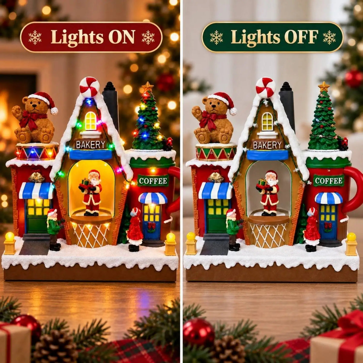 Christmas Village House Animated Rotating Santa Christmas Tree LED Light Music Bakery Coffee Shop Figurine Table Holiday Decor