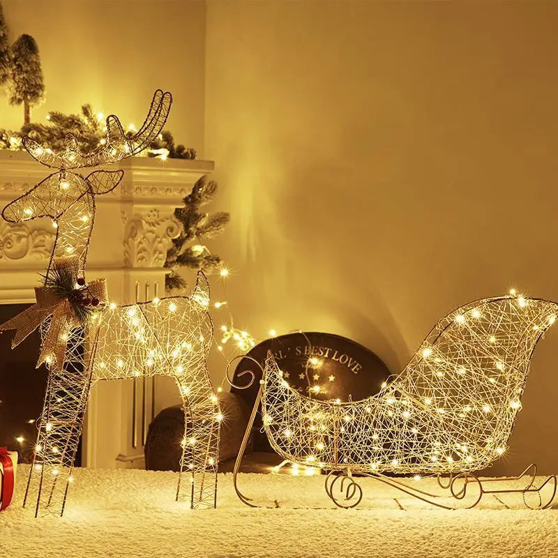Christmas luminous wrought iron deer window decoration Christmas deer pull car with light gift box Christmas desktop bright