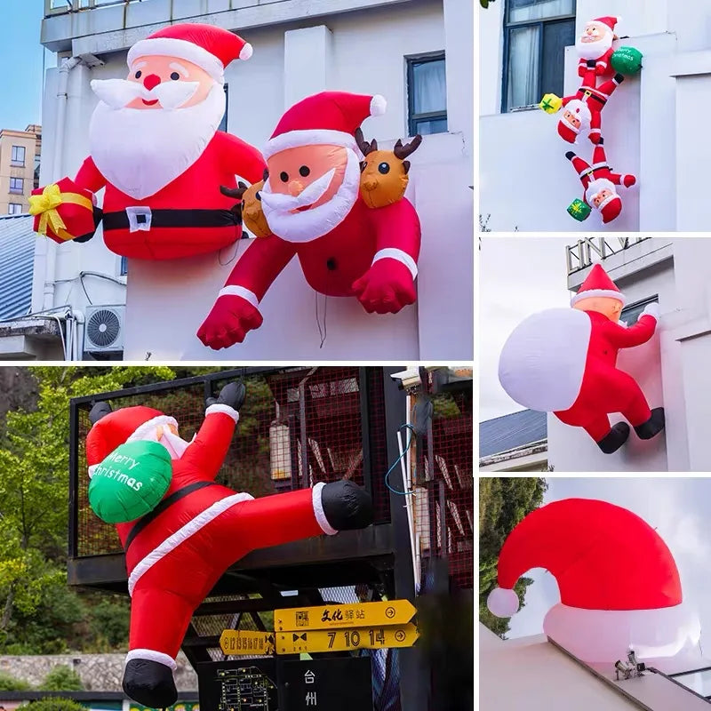 6FT Christmas Inflatables Roof Outdoor Decorations Climbing Santas Funny Hanging Santa Inflatable with Gift Bag for Window Eaves