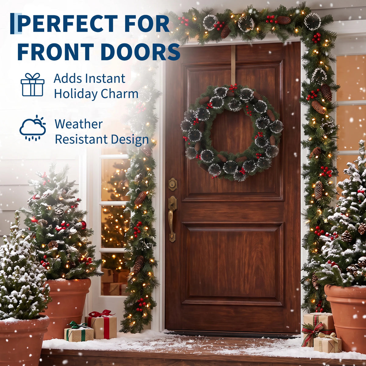 Pre-Lit Artificial Pine Christmas Wreath with LED Lights - Red & Gold Ornaments, Red Bow - Indoor/Outdoor Front Door & Mantel Holiday Decor