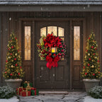 Christmas Wreath with LED Light for Front Door, Red Ball Flower Garland, Xmas Ornament Window Wall Hanging Decor Navidad Garland