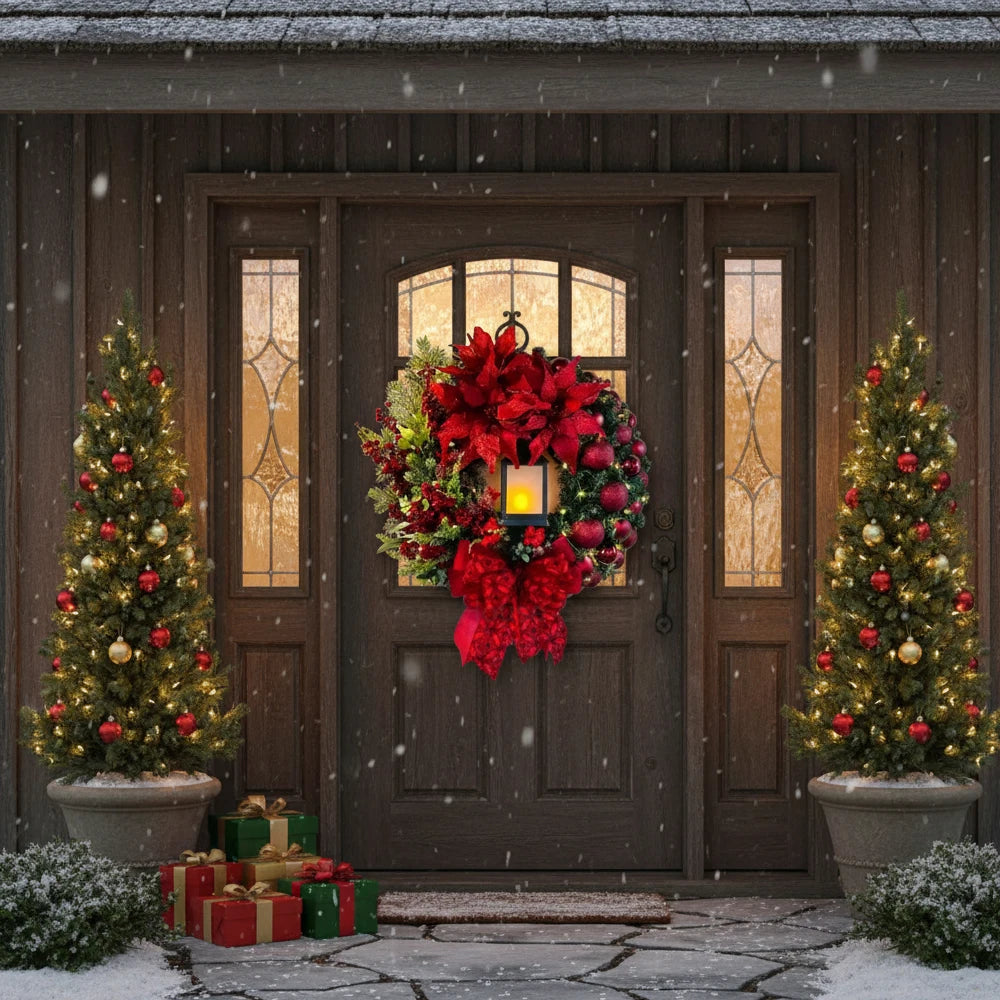 Christmas Wreath with LED Light for Front Door, Red Ball Flower Garland, Xmas Ornament Window Wall Hanging Decor Navidad Garland