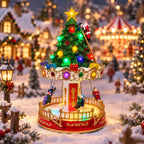 Lighted Musical Christmas Carousel Tree Figurine Rotating Santa Climbing Ladder LED Xmas Village Scene Tabletop Holiday Decorati
