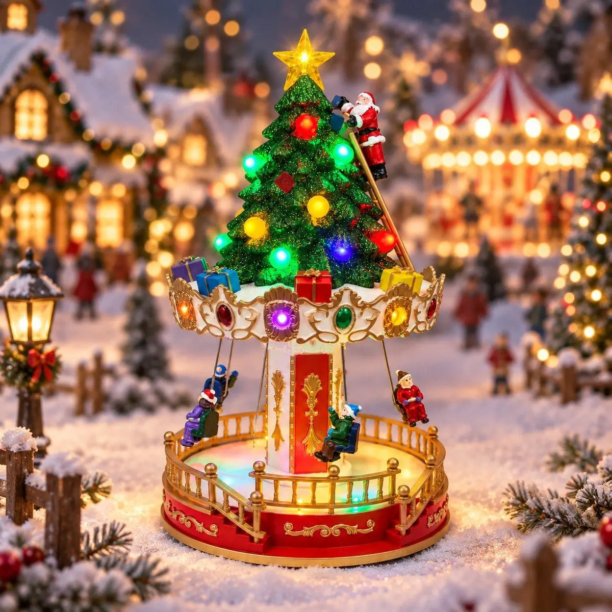 Lighted Musical Christmas Carousel Tree Figurine Rotating Santa Climbing Ladder LED Xmas Village Scene Tabletop Holiday Decorati