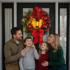 Christmas Wreath with LED Light for Front Door, Red Ball Flower Garland, Xmas Ornament Window Wall Hanging Decor Navidad Garland