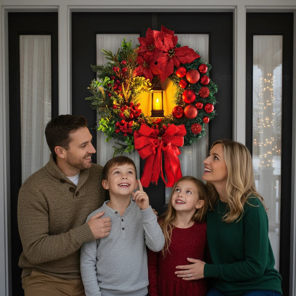 Christmas Wreath with LED Light for Front Door, Red Ball Flower Garland, Xmas Ornament Window Wall Hanging Decor Navidad Garland