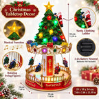 Lighted Musical Christmas Carousel Tree Figurine Rotating Santa Climbing Ladder LED Xmas Village Scene Tabletop Holiday Decorati