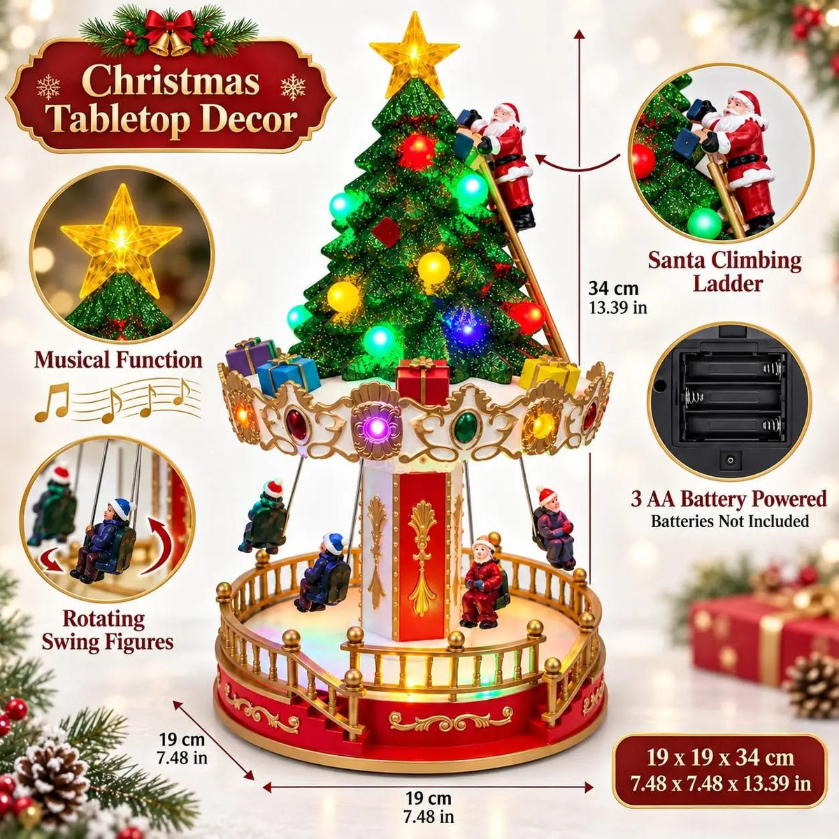 Lighted Musical Christmas Carousel Tree Figurine Rotating Santa Climbing Ladder LED Xmas Village Scene Tabletop Holiday Decorati