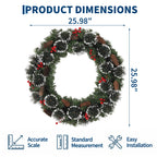 Pre-Lit Artificial Pine Christmas Wreath with LED Lights - Red & Gold Ornaments, Red Bow - Indoor/Outdoor Front Door & Mantel Holiday Decor