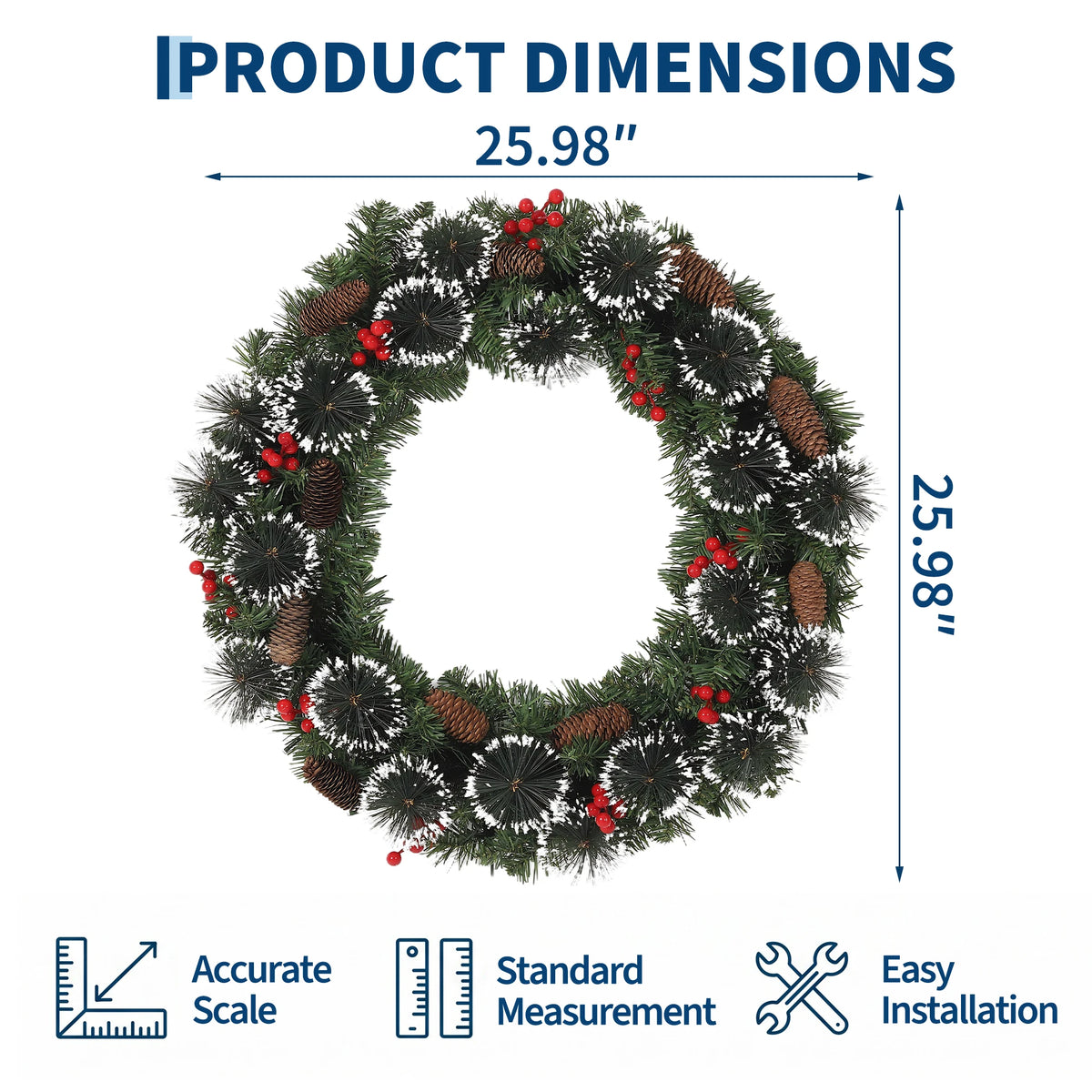 Pre-Lit Artificial Pine Christmas Wreath with LED Lights - Red & Gold Ornaments, Red Bow - Indoor/Outdoor Front Door & Mantel Holiday Decor