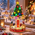 Lighted Musical Christmas Carousel Tree Figurine Rotating Santa Climbing Ladder LED Xmas Village Scene Tabletop Holiday Decorati
