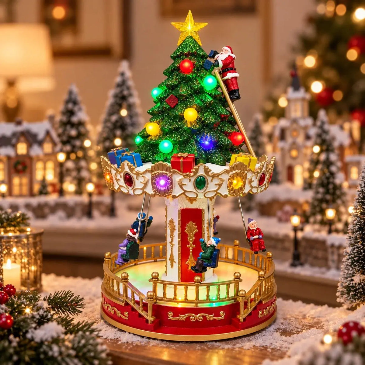 Lighted Musical Christmas Carousel Tree Figurine Rotating Santa Climbing Ladder LED Xmas Village Scene Tabletop Holiday Decorati