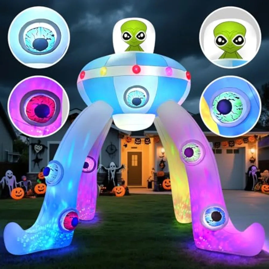 12FT Halloween Inflatables Archway UFO Alien Giant Alien Arch Inflatable with Colorful Flashing Lights Scary Halloween