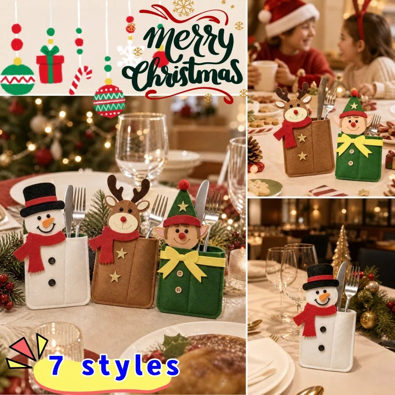 Christmas Silverware Holder Pockets Santa Snowman Reindeer Tableware Bags - Cutlery Pouch Bags for Spoon Knife Fork