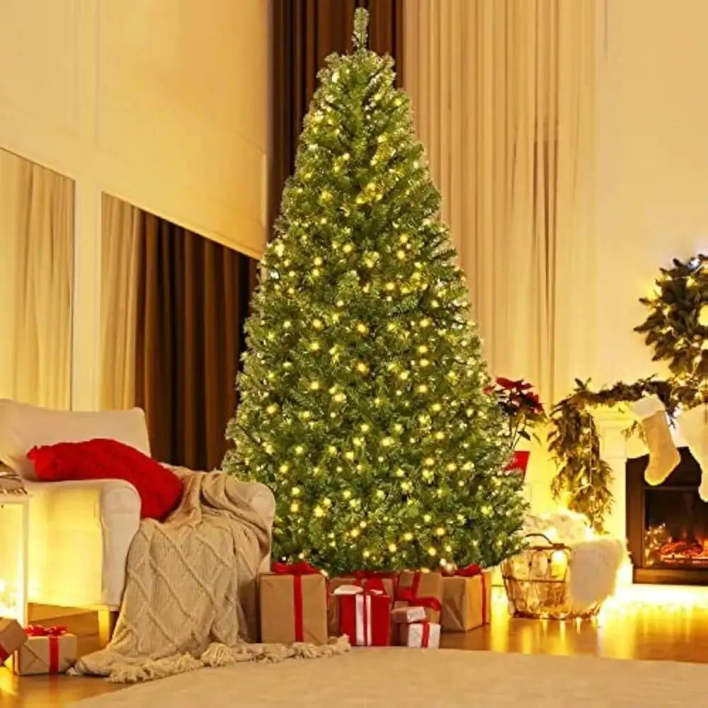 Christmas 8Ft Prelit Tree,With 1200 PVC Branch, With LED Lights, Iron Foldable Base, Artificial Christmas Trees Branch, Lights B