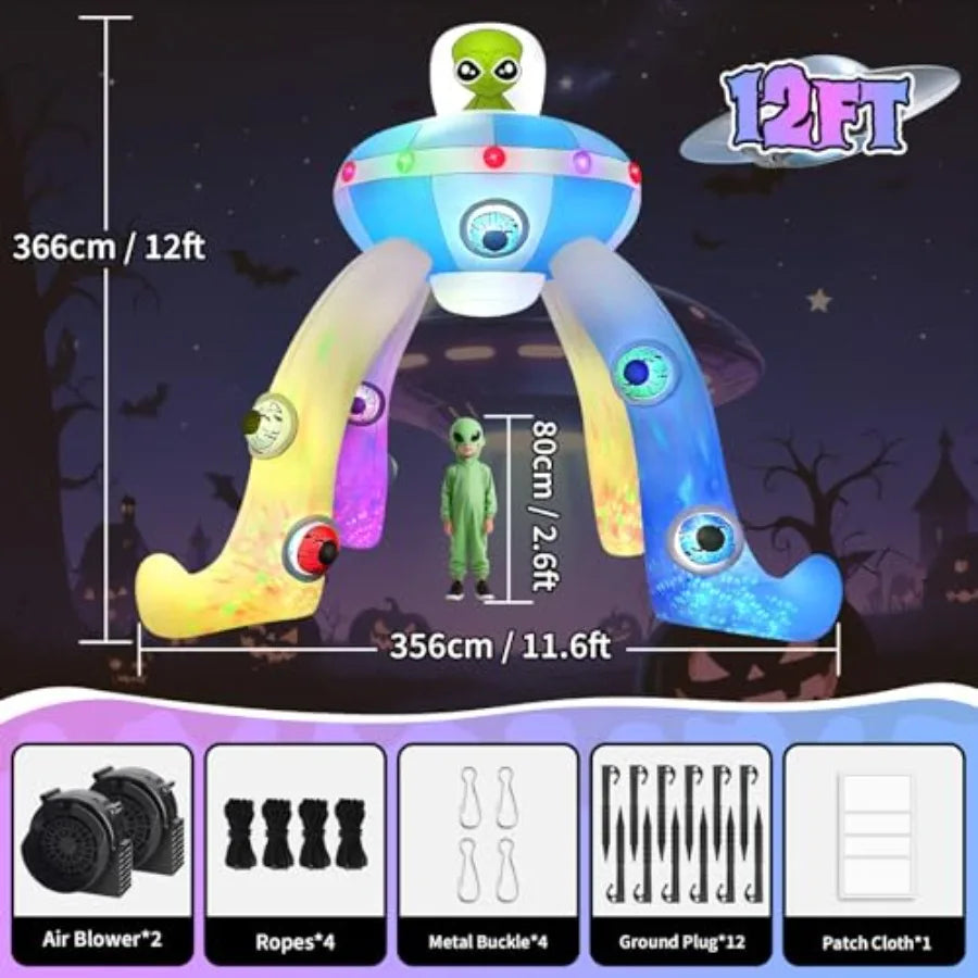 12FT Halloween Inflatables Archway UFO Alien Giant Alien Arch Inflatable with Colorful Flashing Lights Scary Halloween