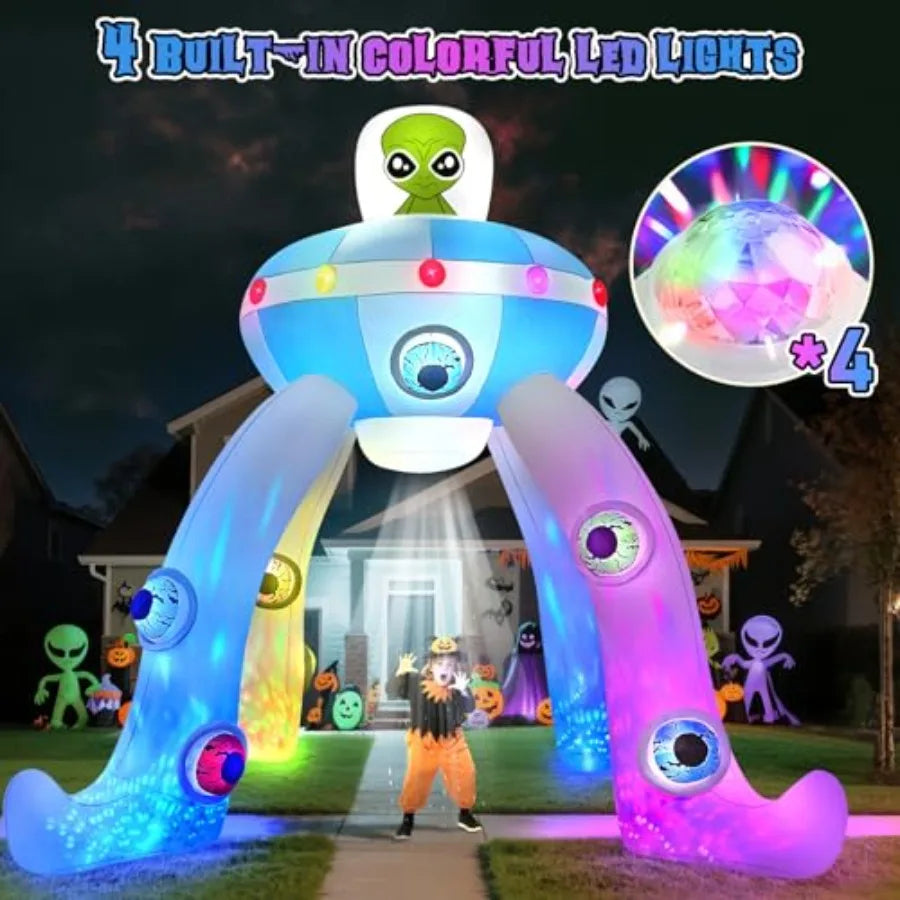 12FT Halloween Inflatables Archway UFO Alien Giant Alien Arch Inflatable with Colorful Flashing Lights Scary Halloween